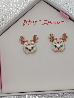 Betsey Johnson White, Green, Pink & Red Reindeer Cat Stud Earrings
